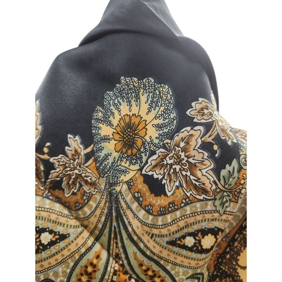 Paisley Floral Silk Scarf 27" Square Black Yellow Mint Accents Hand-Rolled - Picture 12 of 14